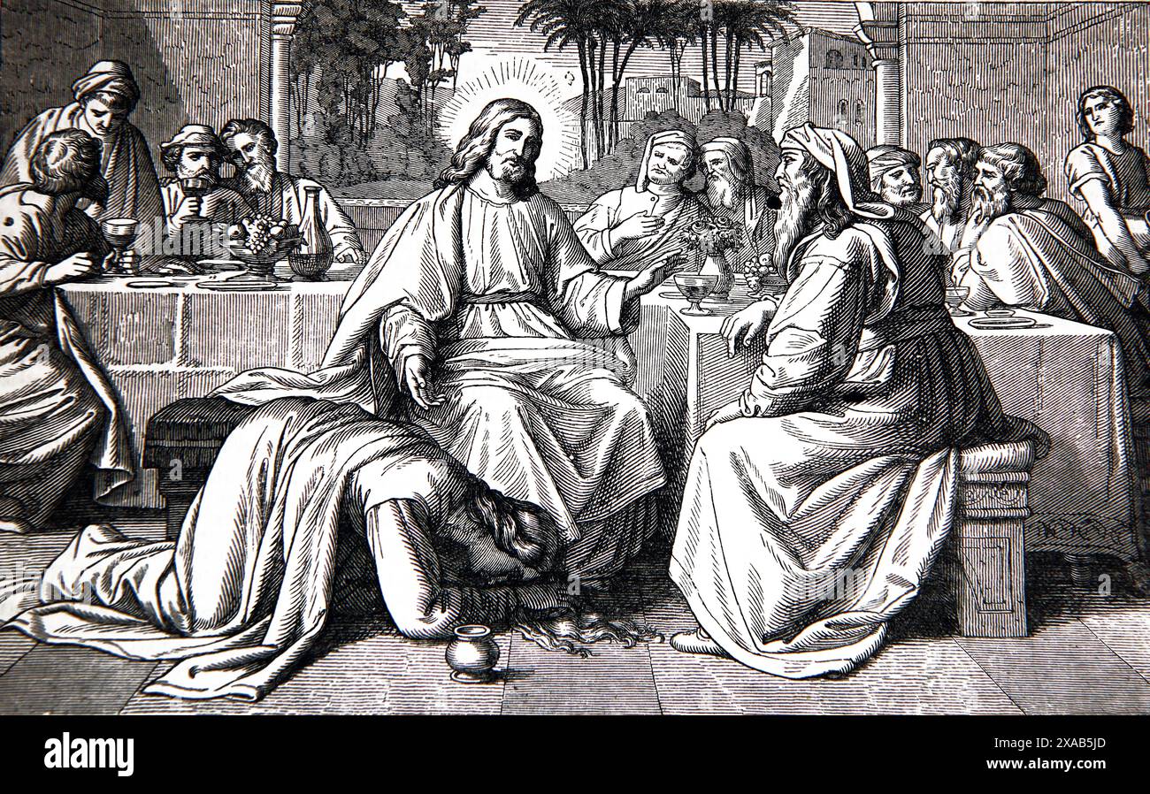 Holzgravur von Maria Magdalena bei Einem Bankett im Haus des Pharisäers, die Jesus Füße mit ihren Tränen gewaschen und mit ihren Haaren getrocknet und parfümiert Stockfoto