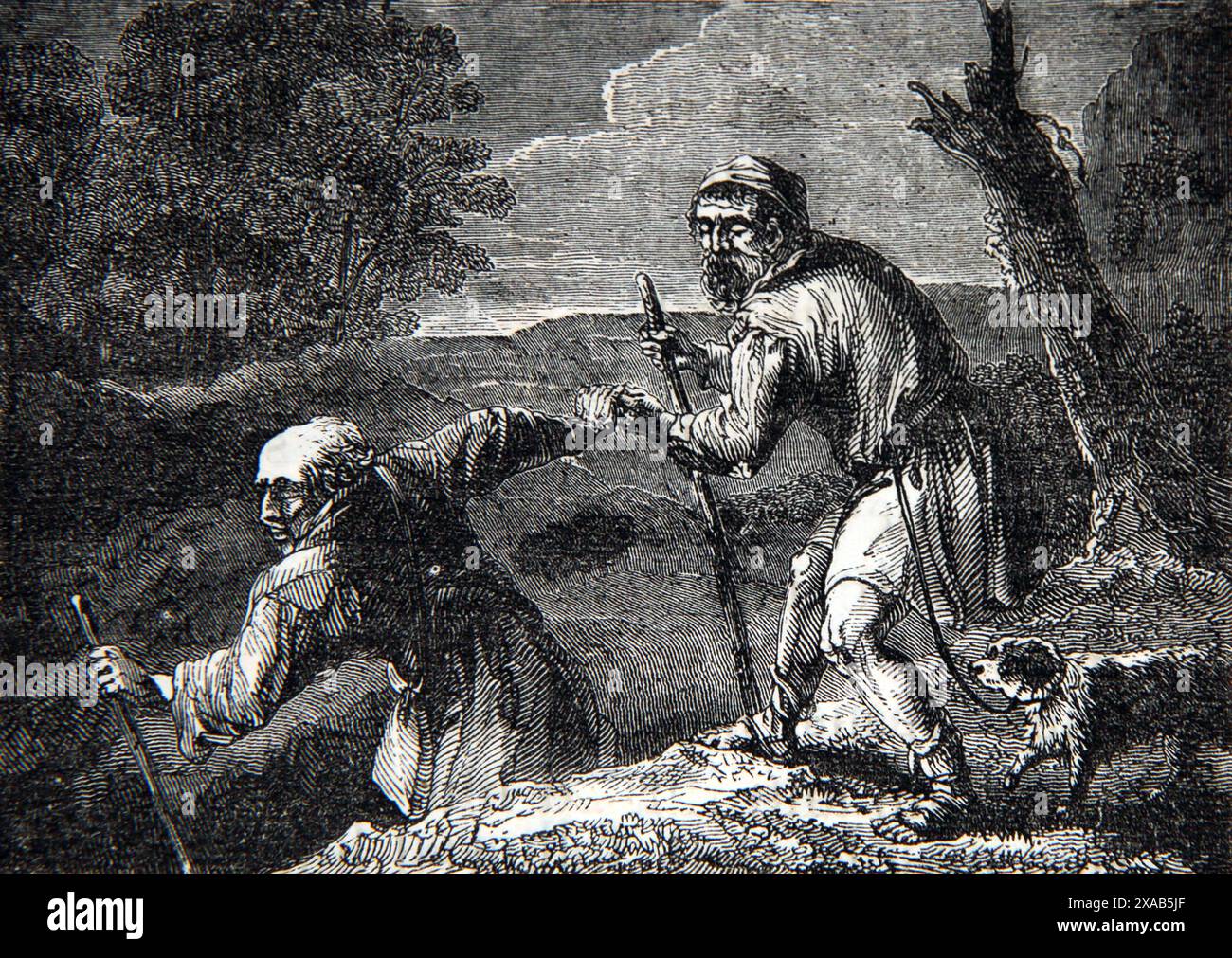 Holzgravur des Sprichworts der Blinde führt den Blinden 'lasst sie; sie sind blinde Führer. Wenn ein Blinder einen Blinden führt, fallen beide in eine Grube. Aus dem antiken 19. Jahrhundert illustrierte Familienbibel Stockfoto