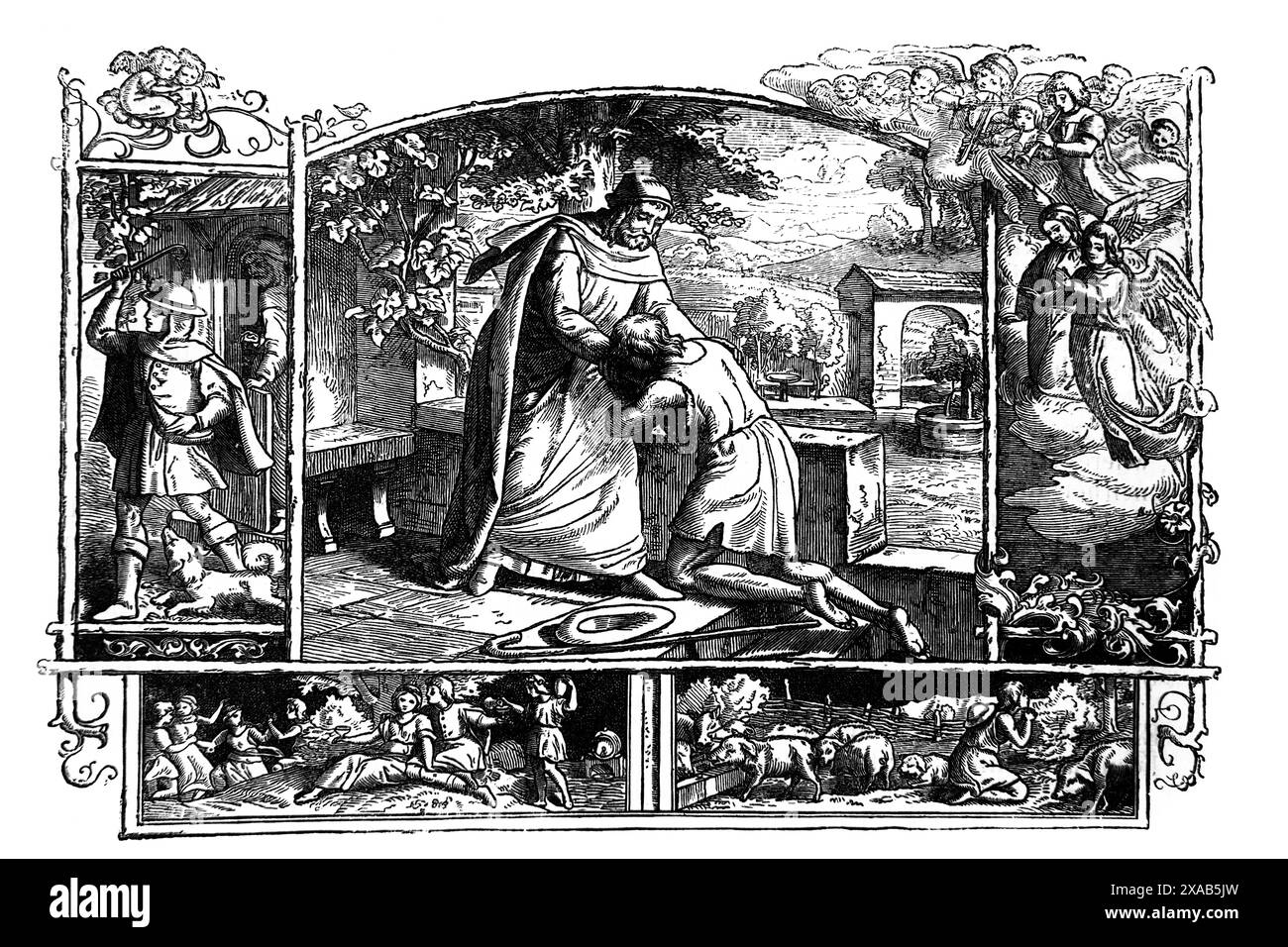 Holzgravur des verlorenen Sohnes (Lukas) aus der antiken, illustrierten Familienbibel des 19. Jahrhunderts Stockfoto