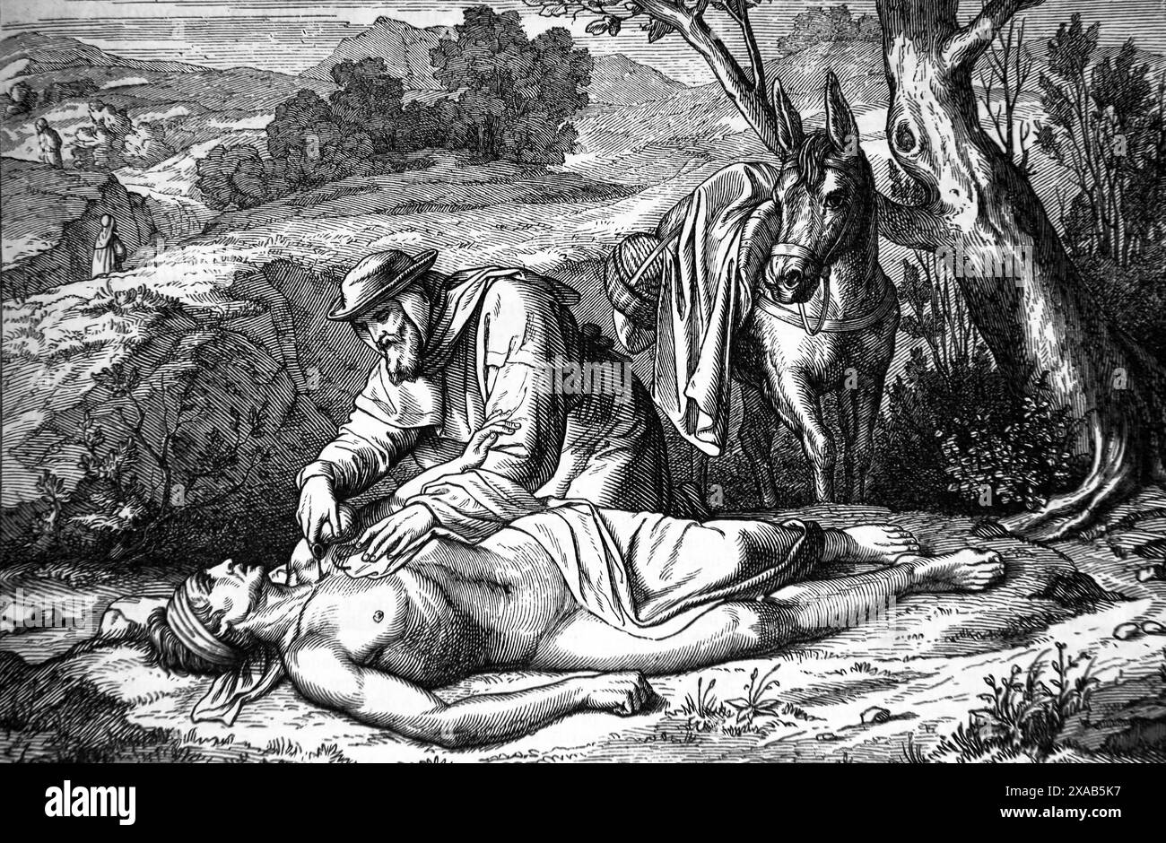 Holzgravierung des Gleichnisses vom barmherzigen Samariter, der dem Juden hilft, der als Priester und Leviten von Anti überfallen und geschlagen wurde Stockfoto