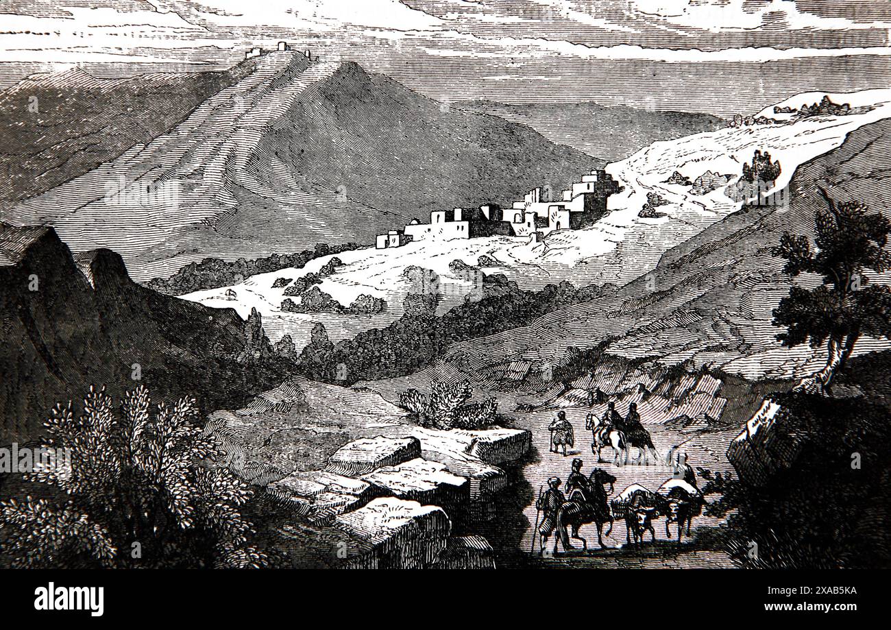 Holzgravur des Dorfes Emmaus aus der antiken Familienbibel aus dem 19. Jahrhundert Stockfoto