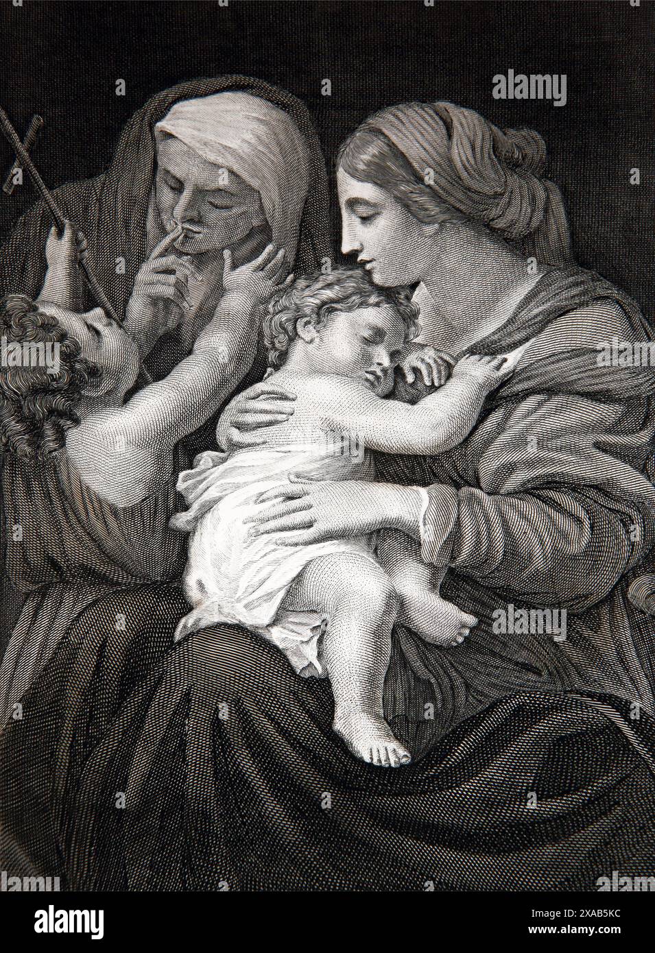Holzgravierung von Elisabeth mit ihrem Sohn Johannes dem Täufer und der Jungfrau Maria und dem Jesuskind in der antiken, illustrierten Familienbibel des 19. Jahrhunderts Stockfoto