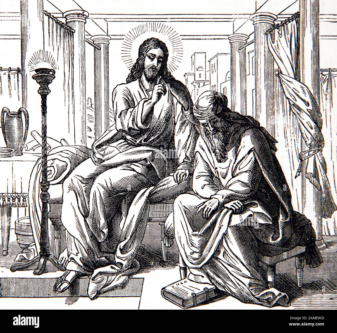 Holzgravur von Nikodemus besucht Jesus Christus, um seine Lehre im Johannesevangelium von Schnorr aus dem antiken 19. Jahrhundert illustrierte Familienbib zu diskutieren Stockfoto