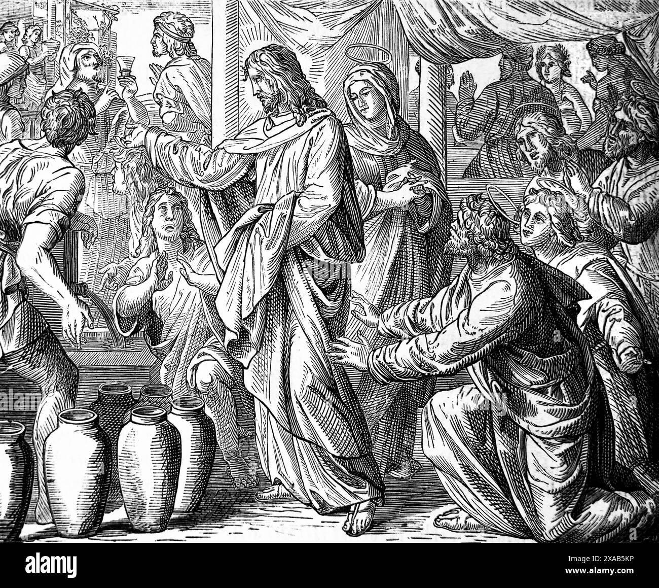 Holzgravierung von Jesus Christus, der Wasser in Wein verwandelt (Johannes) in die antike illustrierte Familienbibel aus dem 19. Jahrhundert Stockfoto