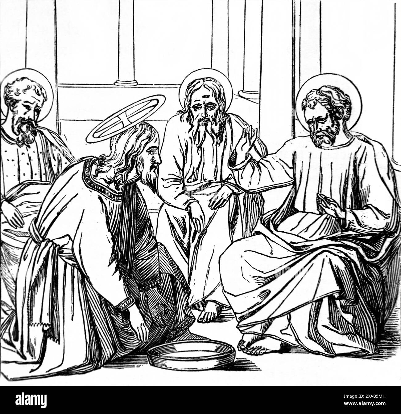 Holzgravur von Jesus Christus, der seine Jünger Füße wäscht, Fra Angelico (Johannes) aus der antiken illustrierten Familienbibel des 19. Jahrhunderts Stockfoto