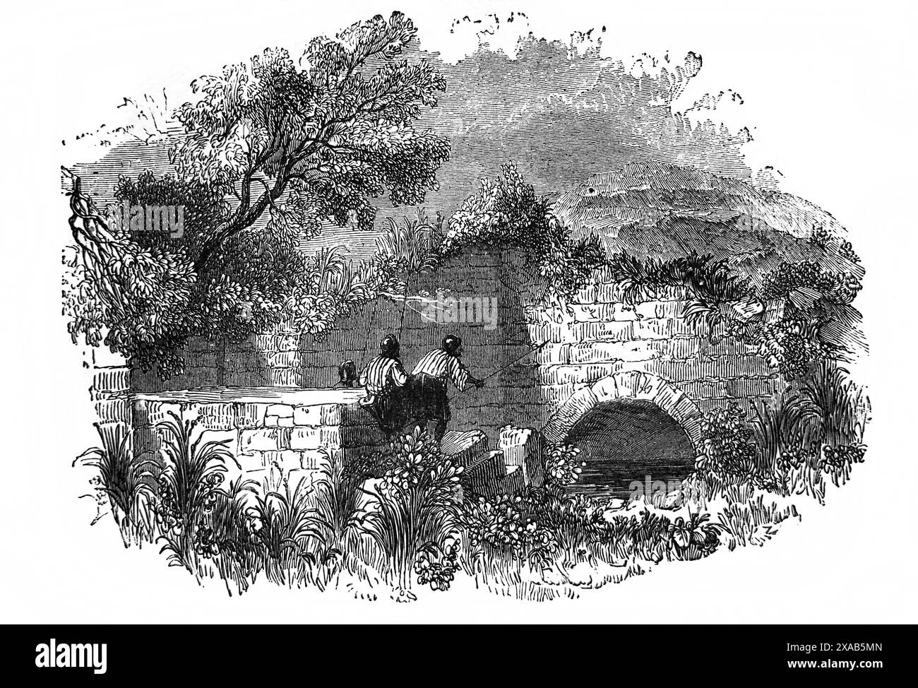 Holzgravierung des unteren Beckens von Siloam im Kidron-Tal Jerusalem aus der antiken, illustrierten Familienbibel des 19. Jahrhunderts Stockfoto