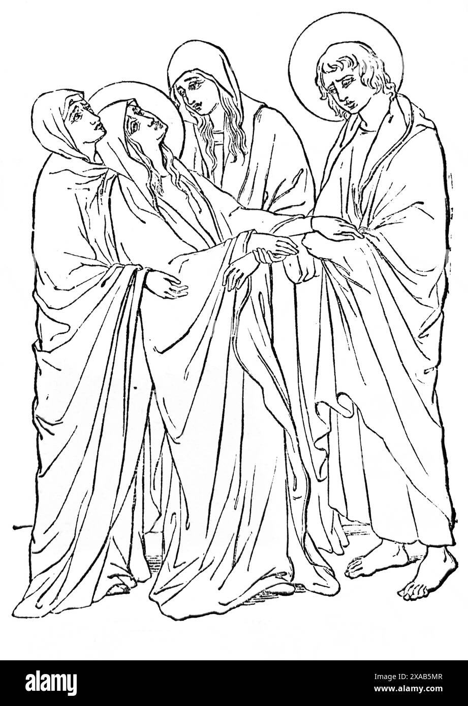 Holzgravur der Jungfrau Maria, die ohnmächtig wird und von den Frauen an der Kreuzigung Duccio aufgehalten wird, illustriert Siena (Johannes) aus dem antiken 19. Jahrhundert Stockfoto