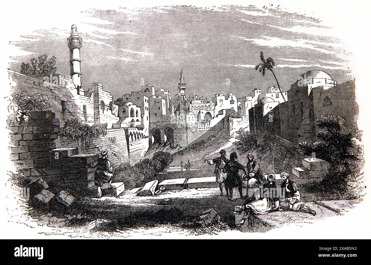 Holzgravierung des Pools von Bethesda das alte Jerusalem soll der Ort sein, an dem Jesus einen gelähmten Mann im Johannes-Neuen-Testament von Anti geheilt hat Stockfoto