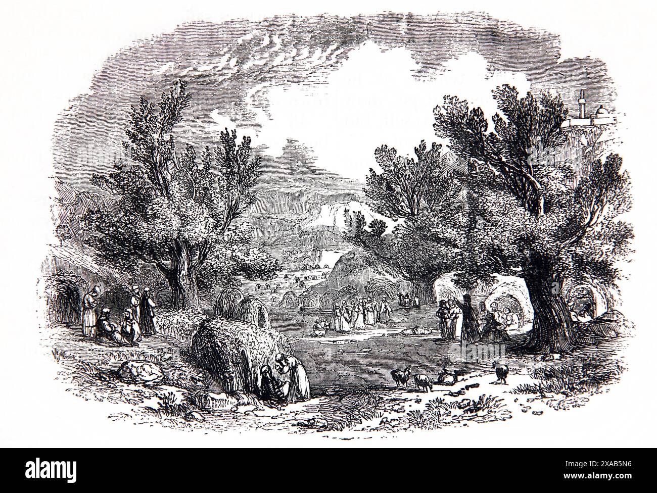 Holzgravierung des Tabernakelfestes zum Gedenken an die 40-jährige Reise der Israeliten in die Wildnis im antiken Illustrat des 19. Jahrhunderts Stockfoto