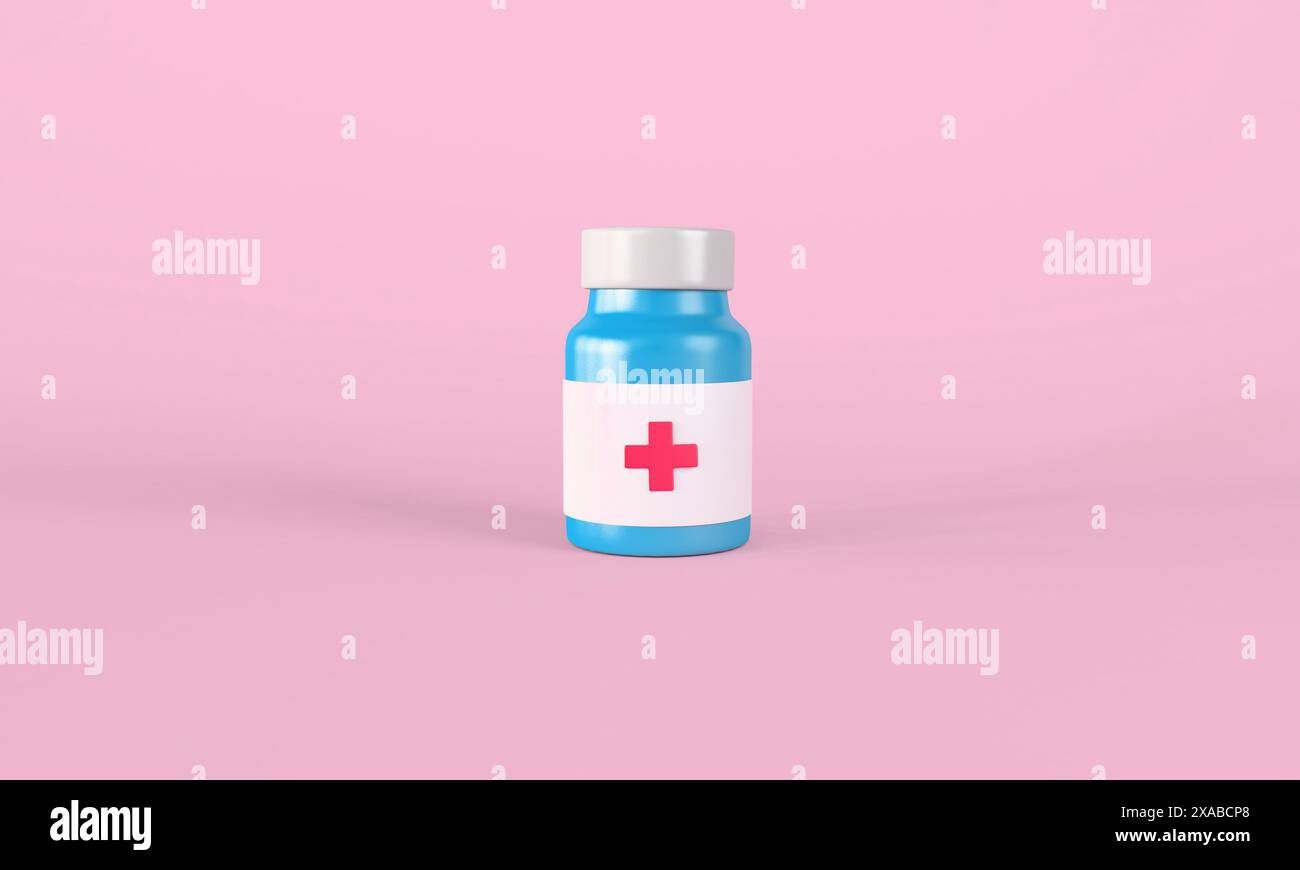 3D-Illustration einer blauen medizinischen Flasche mit einem roten Kreuz, vor einem rosafarbenen Hintergrund, die Gesundheit und Medikamente darstellt. Stockfoto