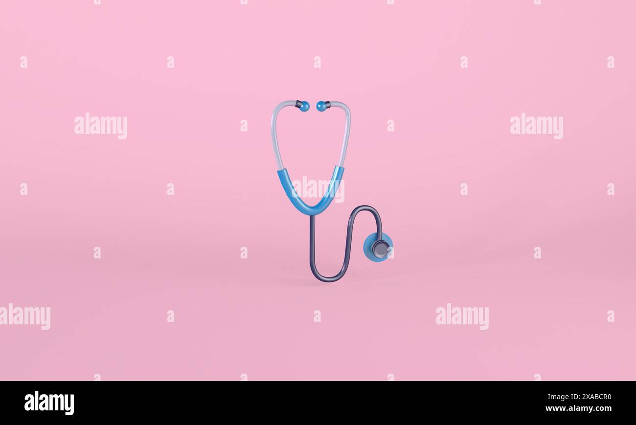 3D-Illustration eines Stethoskops in Blau und Grau vor rosa Hintergrund, symbolisiert Gesundheit und medizinische Diagnostik. Stockfoto