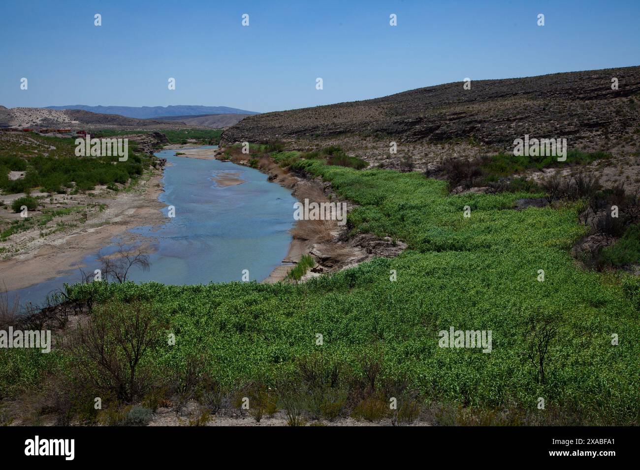 Der Rio Grande schlängelt sich durch die atemberaubende Landschaft des Big Bend National Park, dessen grüne Ufer als Oase inmitten der trockenen Wüste dienen Stockfoto