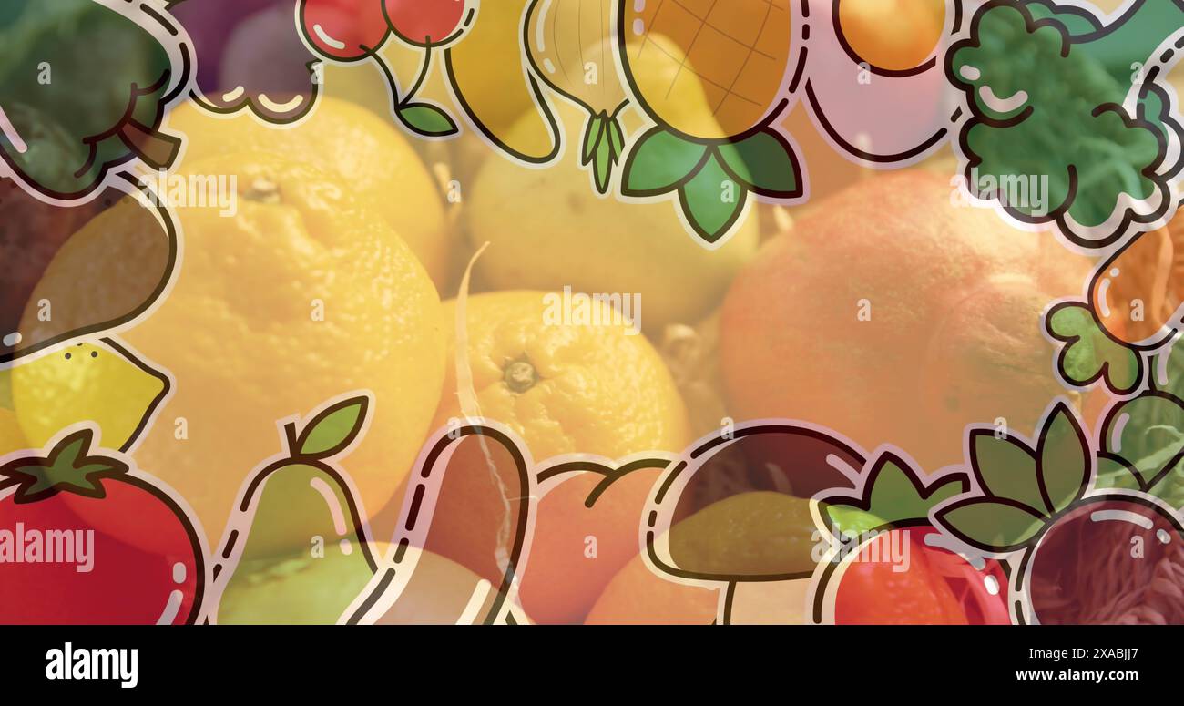 Abbildung der Abbildung mit Obst und Gemüse über frischen Zitronen Stockfoto