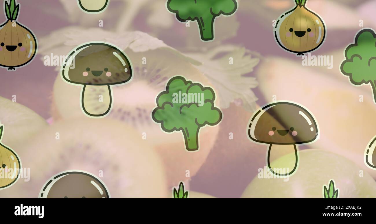 Abbildung der Illustration mit Gemüse über frisch geschnittenen Kiwis und Avocados Stockfoto