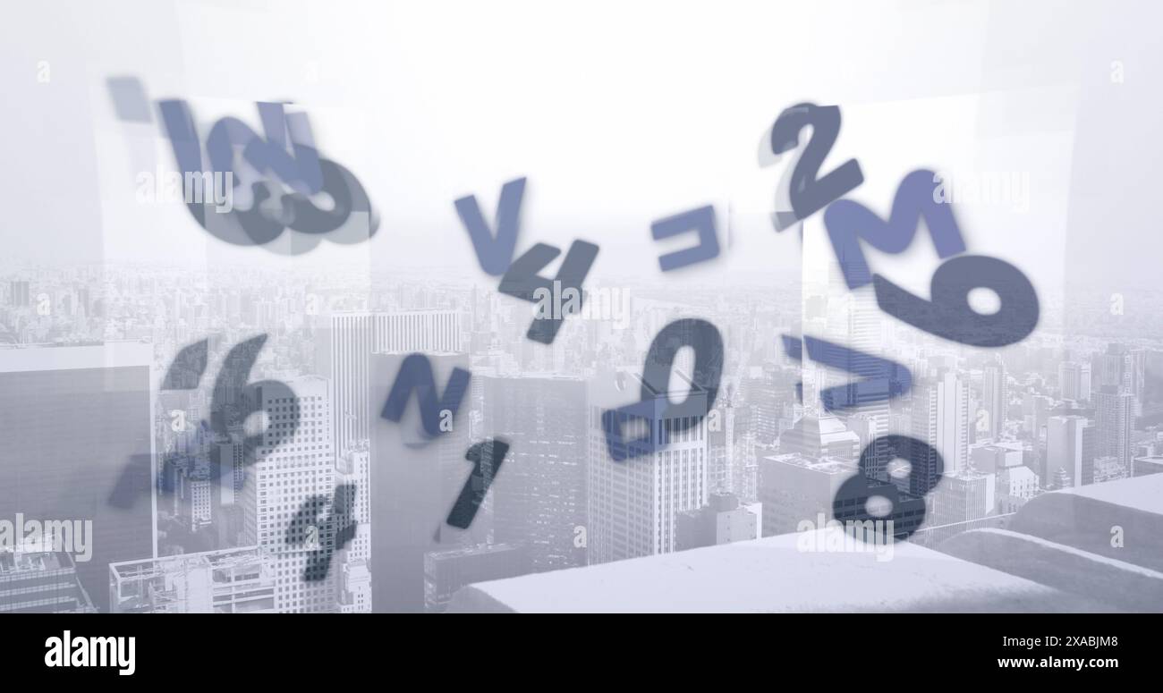 Bild von fallenden Zahlen und Buchstaben über dem Stadtbild Stockfoto