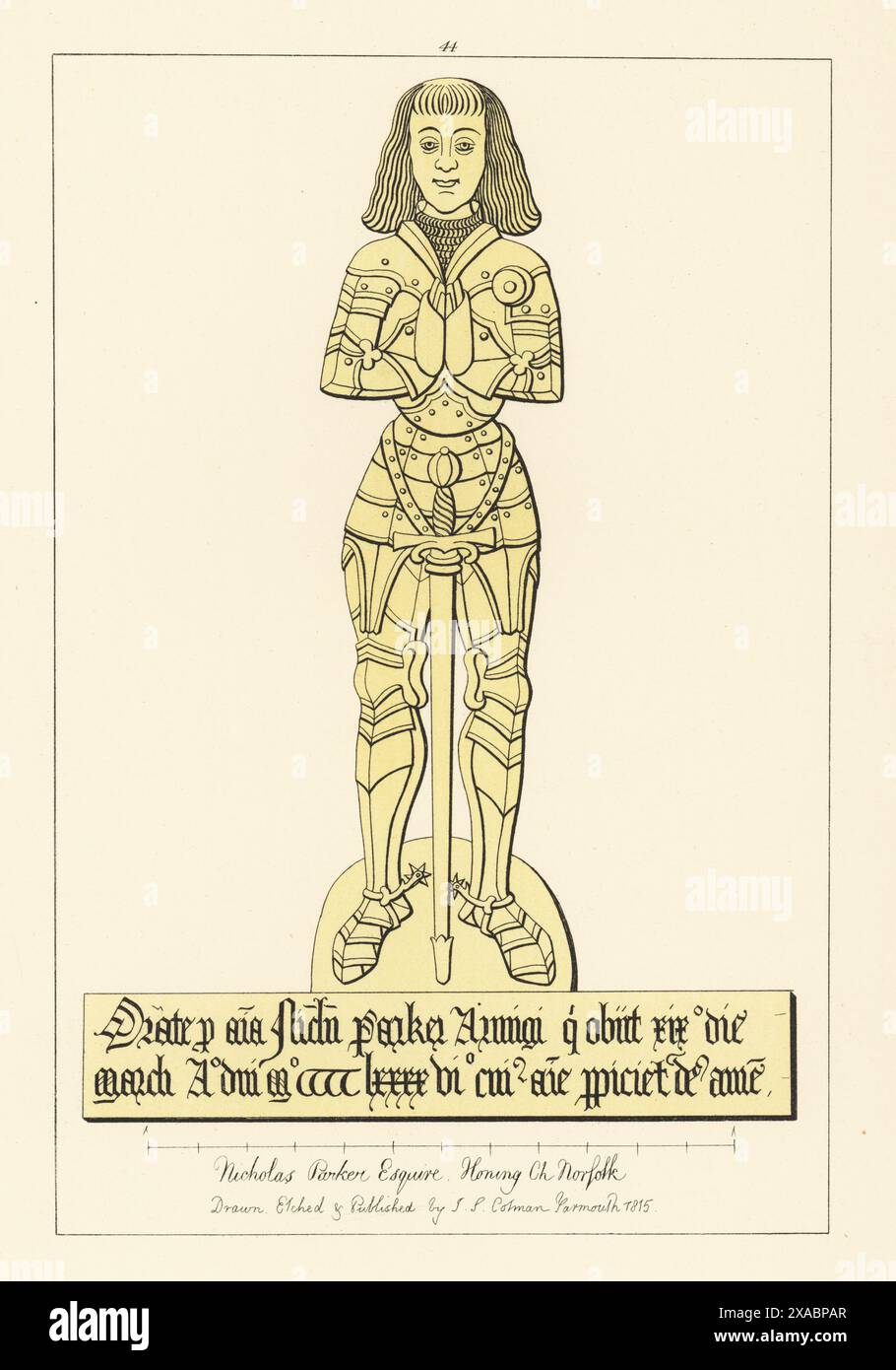 Nicholas Parker, Esquire, Ritter in Plattenrüstung mit Schwert, markante lange Haare, 1496. Der stellvertretende Sheriff von Norfolk heiratete 1462 Margery, die Tochter von Sir John Jermy. Memorial Messing in St. Peter und St. Paul Church, Honing, Norfolk. Handgetönter Kupferstich gezeichnet, geätzt und veröffentlicht von John Sell Cotman in Gravuren der bemerkenswertesten Grabbläser in Norfolk, Henry Bohn, London, 1818. Stockfoto