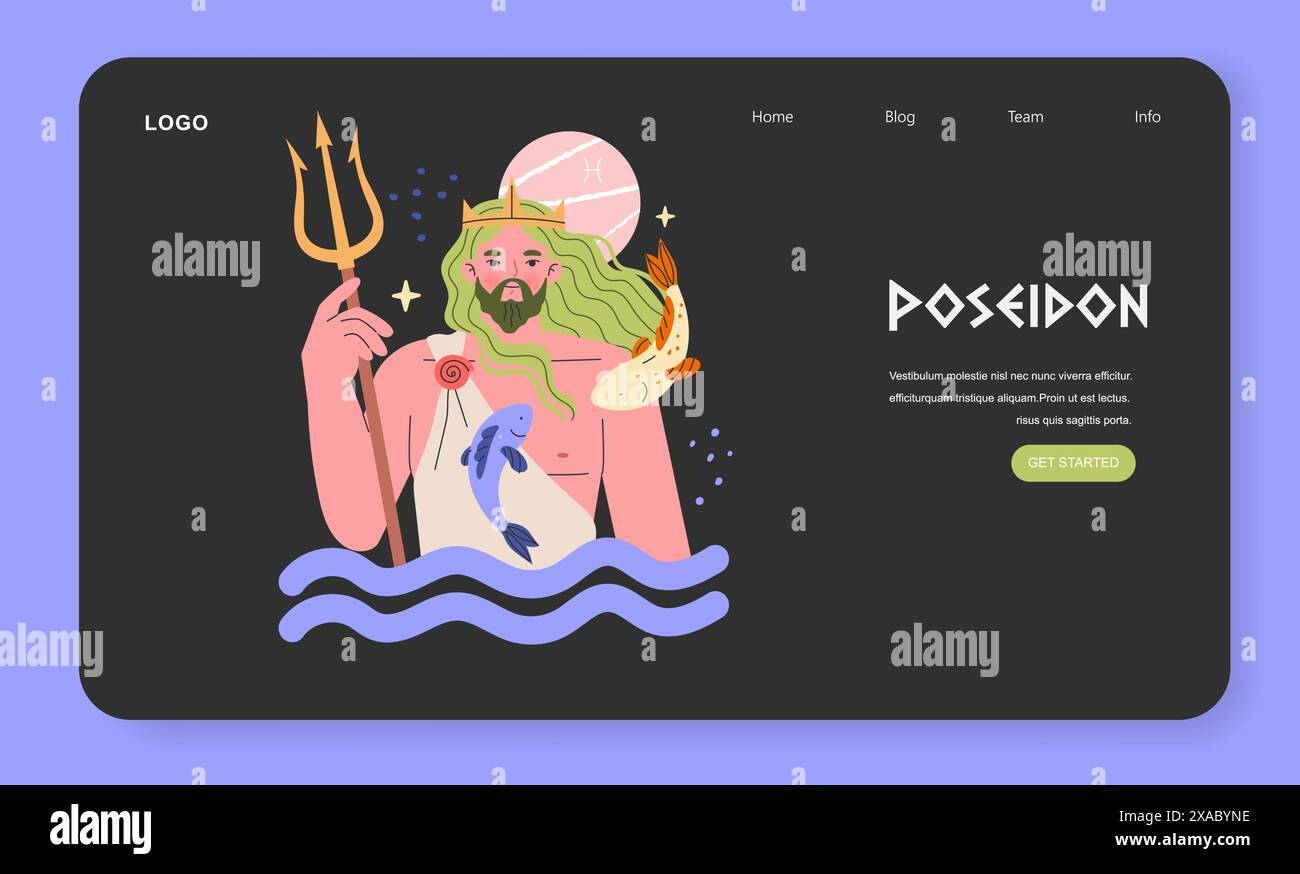 Antike griechische Götter. Moderne Darstellung von Poseidon mit seinem Dreizack, Meeresbewohnern und Himmelselementen. Griechische Mythologie, Ozeangottheit. Vektorabbildung. Stock Vektor Antike griechische Götter. Moderne Darstellung von Poseidon mit seinem Dreizack, Meeresbewohnern und Himmelselementen. Griechische Mythologie, Ozeangottheit. Vektorabbildung. Stock Vektor