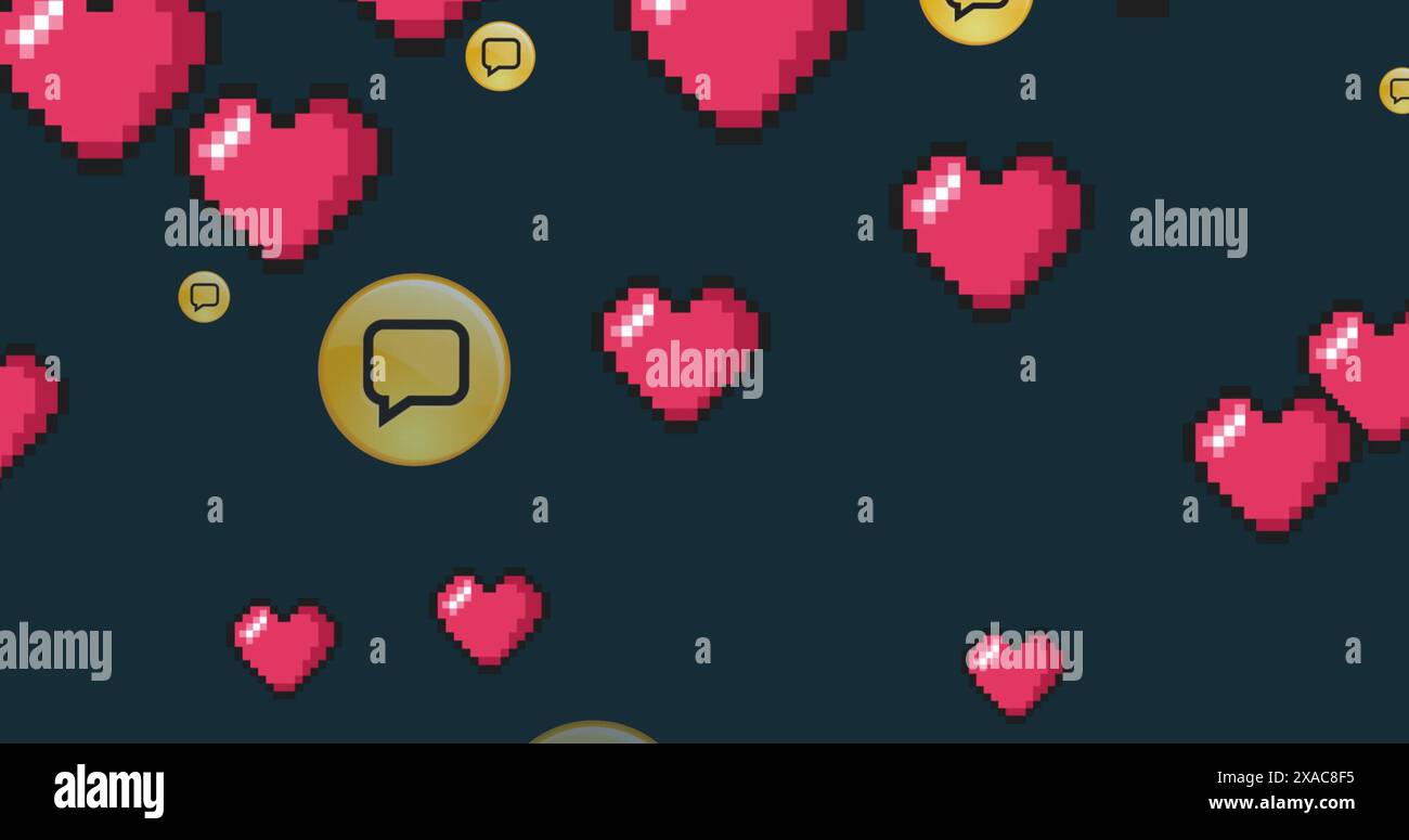 Bild von Social Media Herz- und Message-Symbolen auf schwarzem Hintergrund Stockfoto