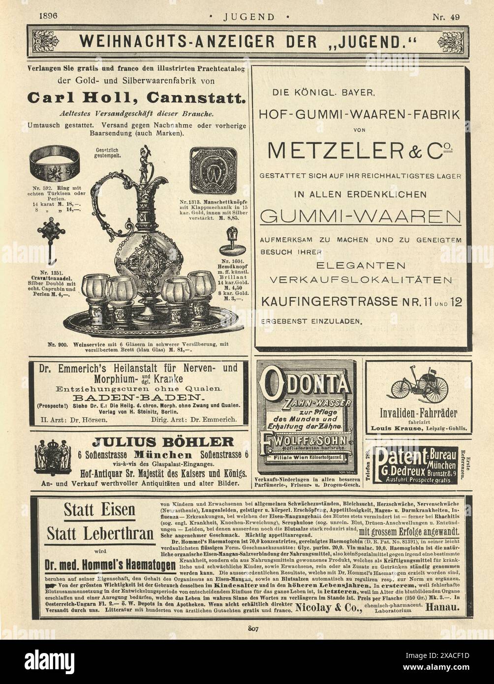 Seite der alten deutschen Zeitungsanzeigen, 1890er, 19. Jahrhundert, Weingläser in Clarettkrug Stockfoto