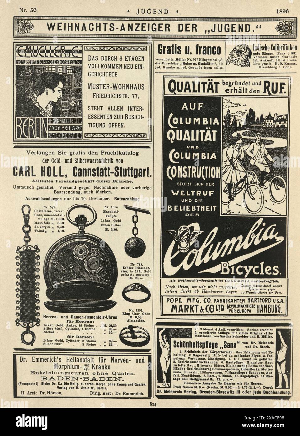 Berlin, Taschenuhr, Fahrrad, Geschichte Radfahren, Seite alter deutscher Zeitungsanzeigen, 1890er Jahre, 19. Jahrhundert Stockfoto