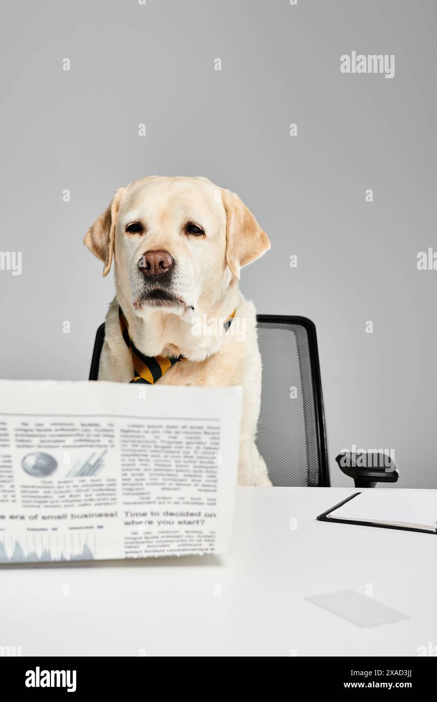 Ein Hund, der an einem Schreibtisch sitzt und eine Zeitung liest. Stockfoto