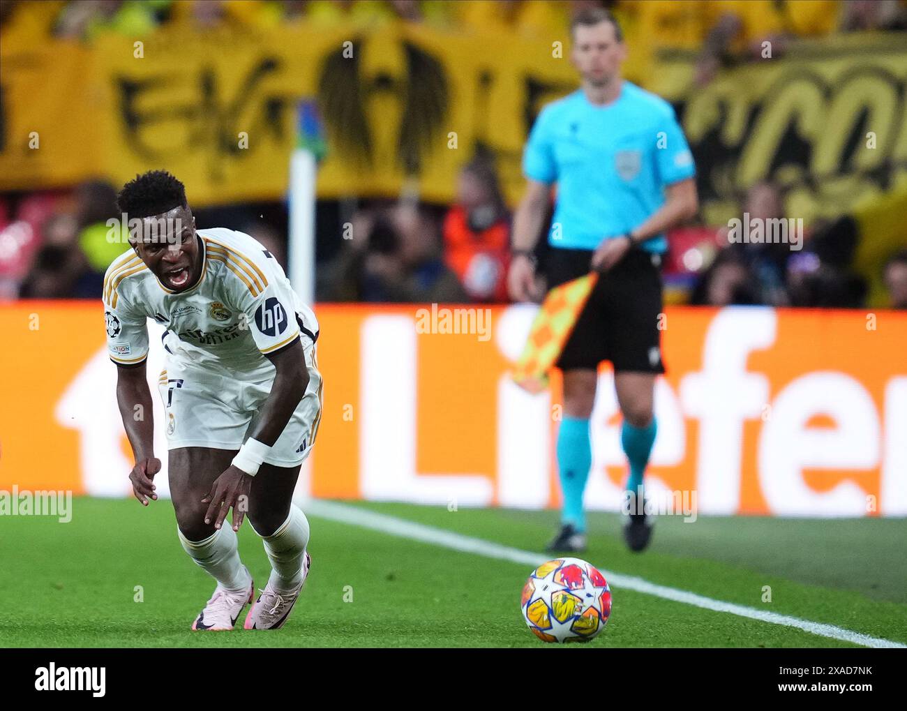 Vinicius Junior von Real Madrid spielte am 1. Juni 2024 im Wembley Stadium in London, England, während des UEFA Champions League-Endspiels zwischen Borussia Dortmund und Real Madrid. (Foto: Bagu Blanco / PRESSINPHOTO) Stockfoto