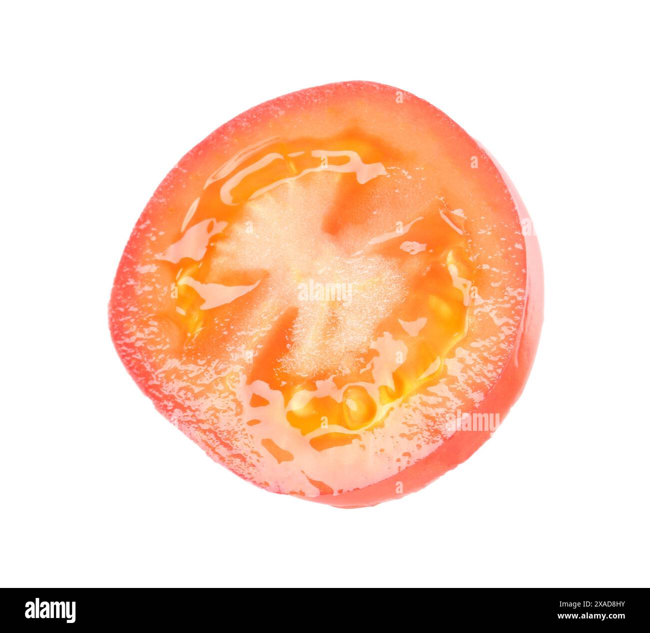 Scheibe frischer Tomate, isoliert auf weißem Untergrund Stockfoto