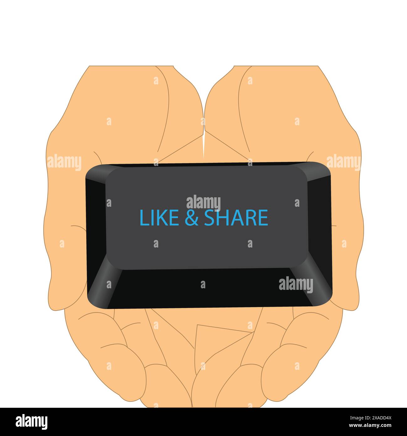 Hände halten eine Tastaturtaste mit den Wörtern „gefällt mir“ und „Teilen“ Stock Vektor