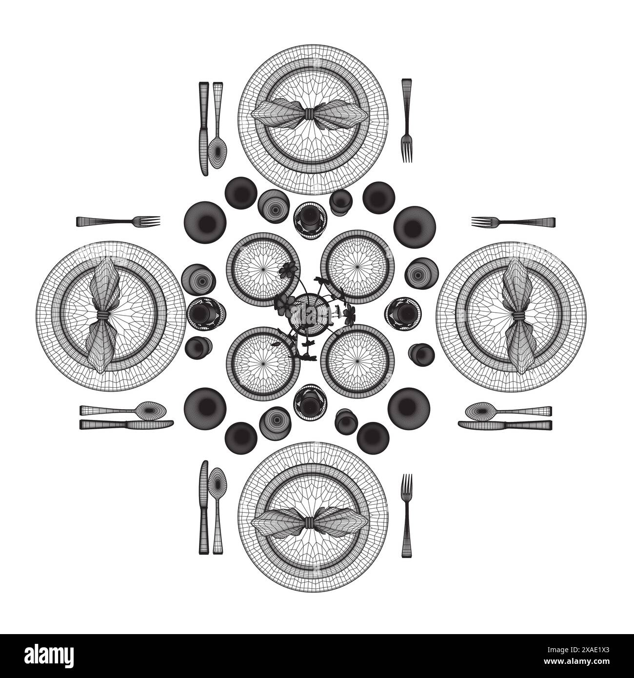 Drahtgitter des Layouts von Küchengeräten auf einem Tisch in einem Restaurant aus schwarzen Linien isoliert auf weißem Hintergrund. Blick von oben. Vier pla Stock Vektor