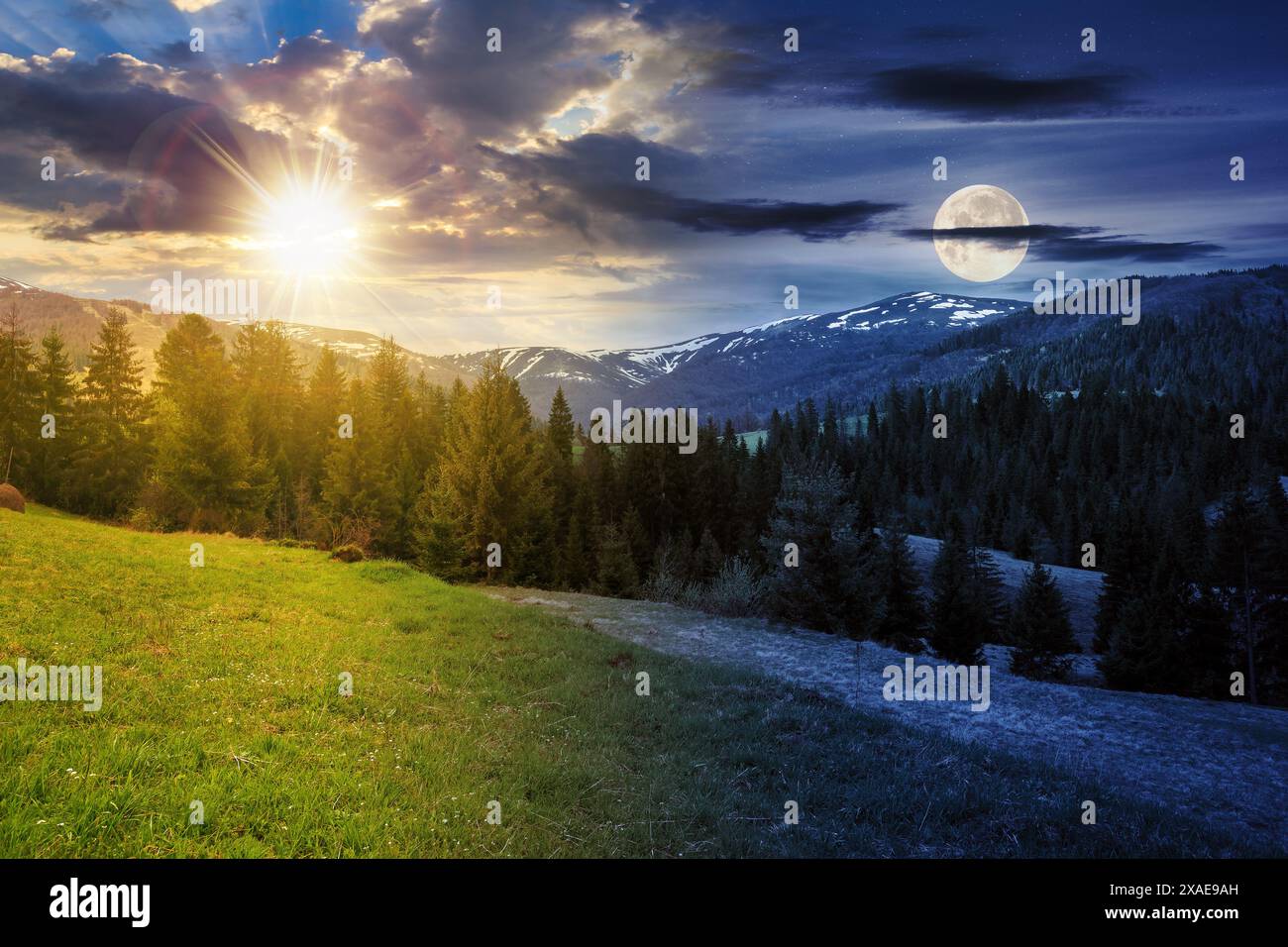 Landschaft mit grasbewachsener Wiese und Fichtenwald auf dem Hügel in bergigem Gebiet mit Sonne und Mond am Himmel. Tag- und Nachtzeitwechsel-Konzept auf SPI Stockfoto