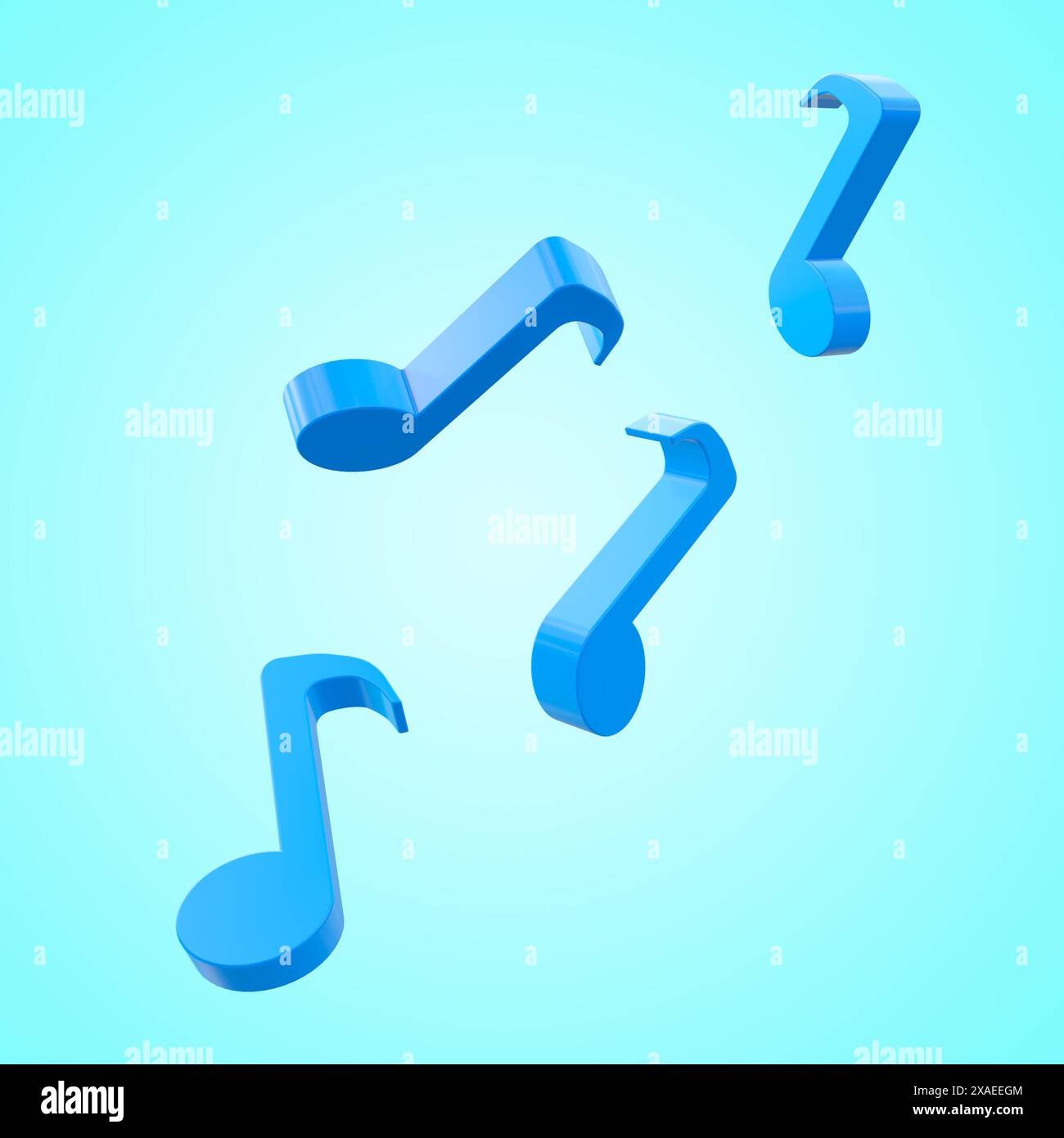 Symbol für 3D-Musiknotizen auf blauem Hintergrund isoliert festlegen. Symbole für Geräusche und Musik. 3D-Abbildung Stockfoto