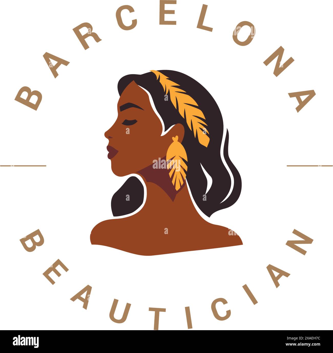 Afrikanische Boho Frau Porträt goldene Stammes Feder Accessoires Logo Design Vektor flache Illustration. Afro dunkle Haut weiblicher Kopf natürliche Schönheit Mode Stock Vektor