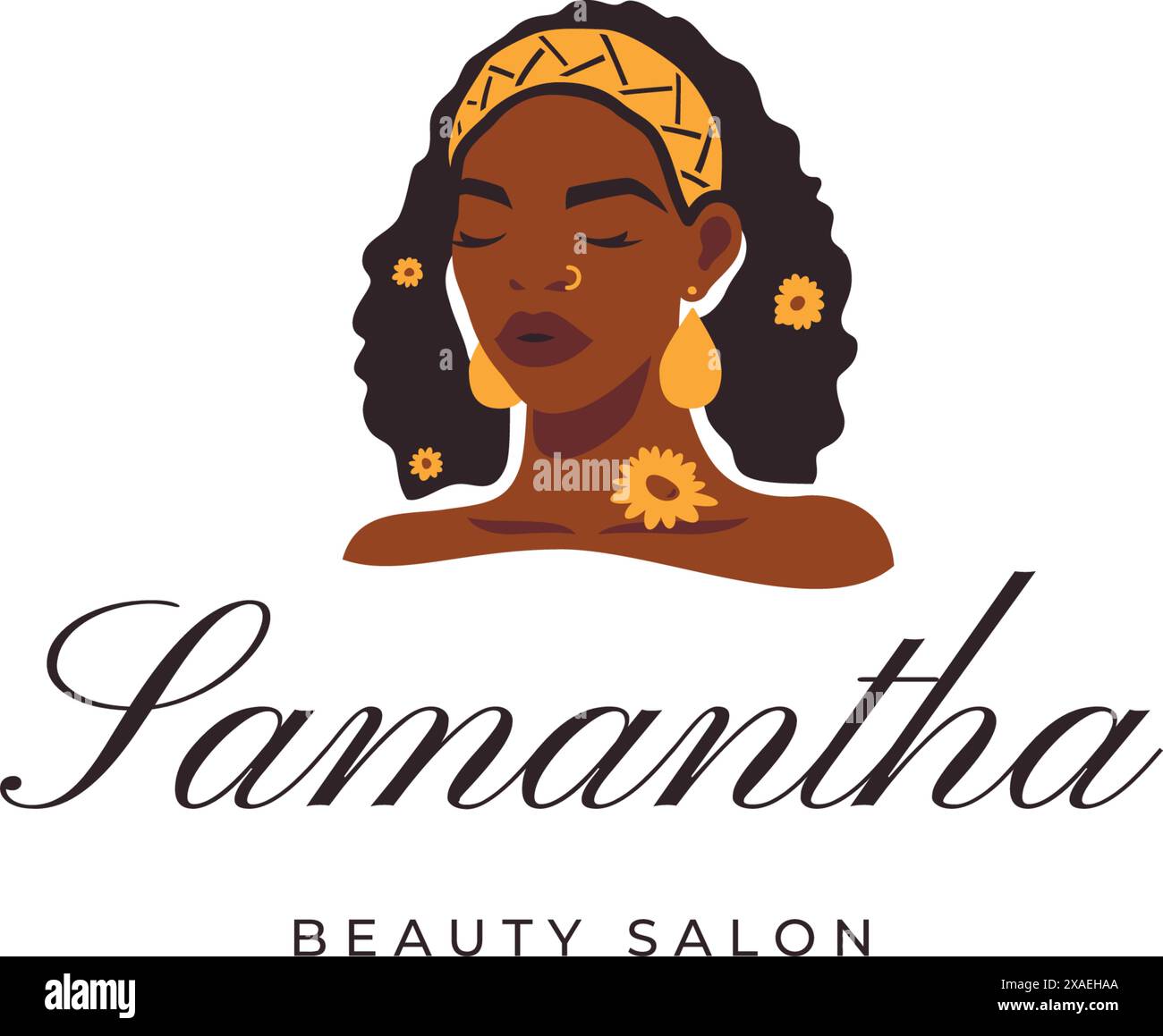 Mode afrikanische Frau ethnische Stammes Sommer Accessoires Schönheit Logo Design Vorlage Vektor flache Illustration. Afrika weibliches Porträt Kosmetikerin Spa COS Stock Vektor