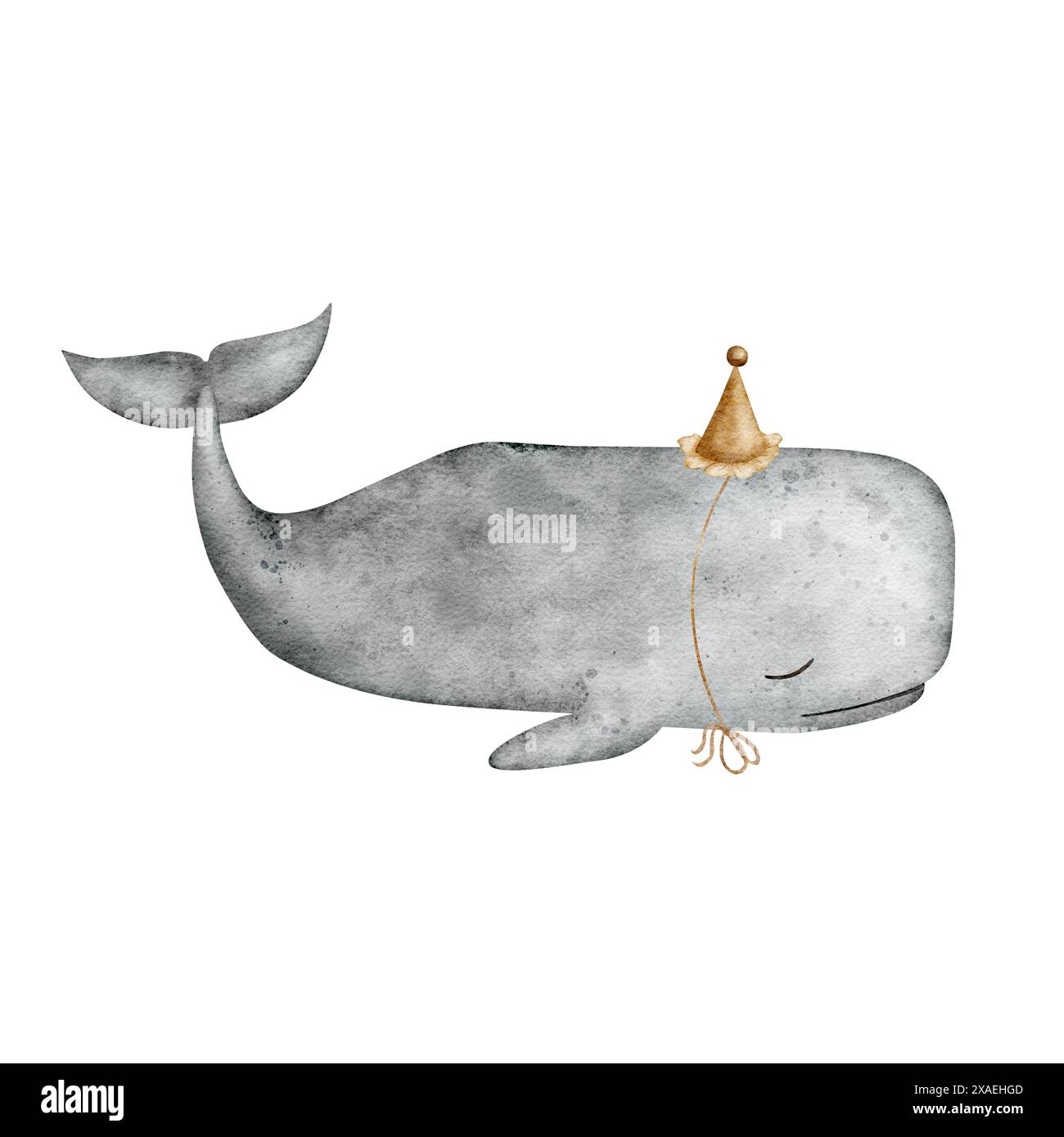 Pottwal, grauer cachalot in einer Partymütze. Illustration im Vintage-Stil für Karten, Poster, Kleidung, Käufer, Geschirr, Aufkleber Stockfoto