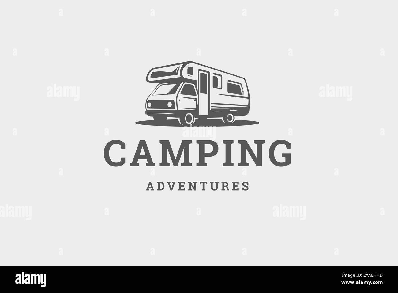 Camping Van Expedition Wanderlust Sommer Road Trip Reise Abenteuer Retro Logo Design Vorlage isometrische Vektor Illustration. Wohnmobil Auto Bus Familie t Stock Vektor