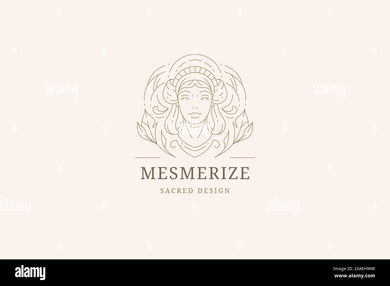 Antike Mode Frau Porträt mit Blättern Blumenschmuck Minimal Line Art Logo Design Vorlage Vektor Illustration. Alte Göttin, schöne Frau Stock Vektor
