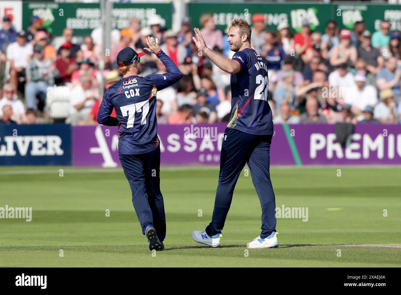 Paul Walter von Essex feiert den Sieg über Josh de Caires während Essex Eagles vs Middlesex, Vitality Blast T20 Cricket im Cloud County G Stockfoto