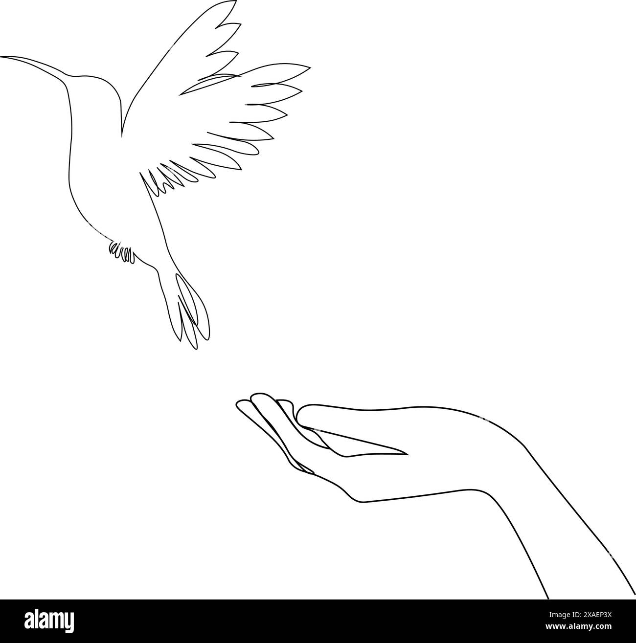Eine durchgehende Linienzeichnung einer fliegenden Taube mit zwei Händen. Vogelsymbol für Frieden und Freiheit im einfachen linearen Stil. Stock Vektor
