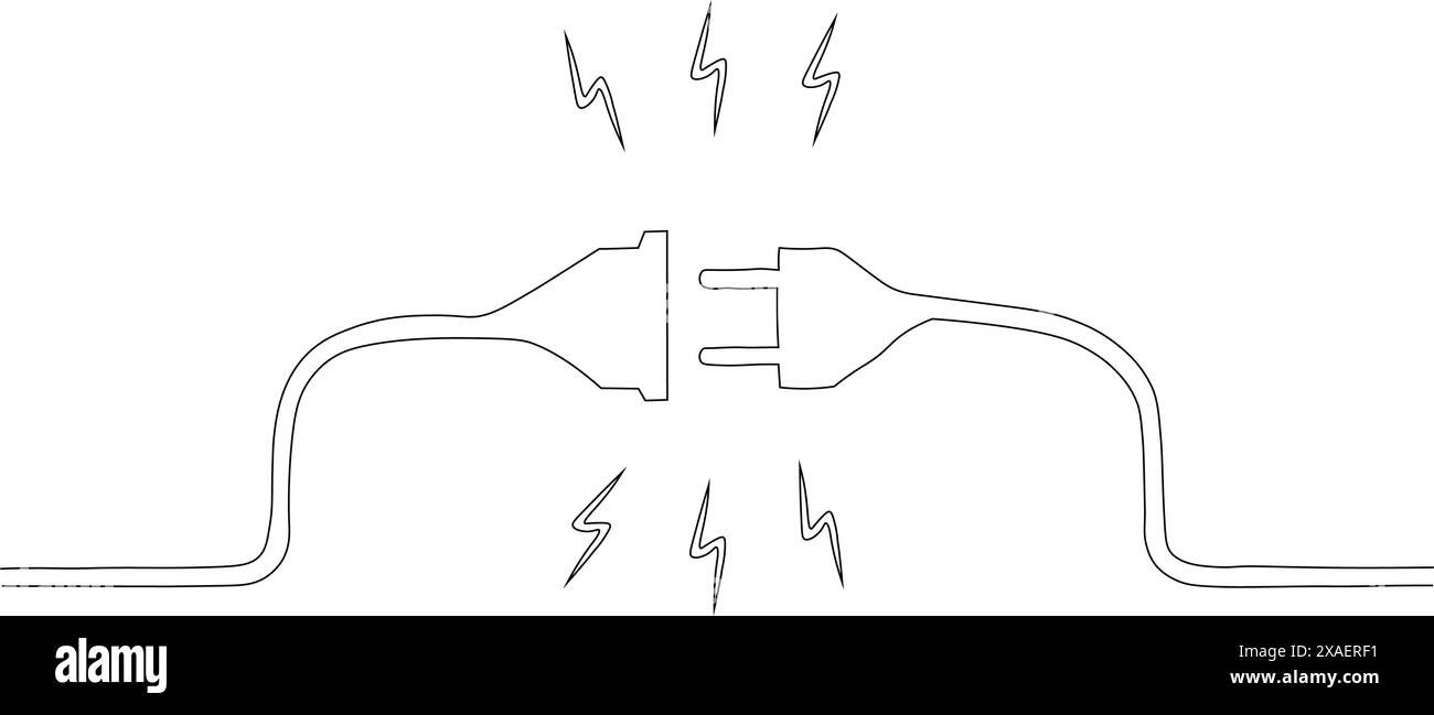 Eine durchgehende Linienzeichnung für das Einstecken des Steckers in die Steckdose. Trennung der Steckdose in einfacher linearer Ausführung. Stock Vektor