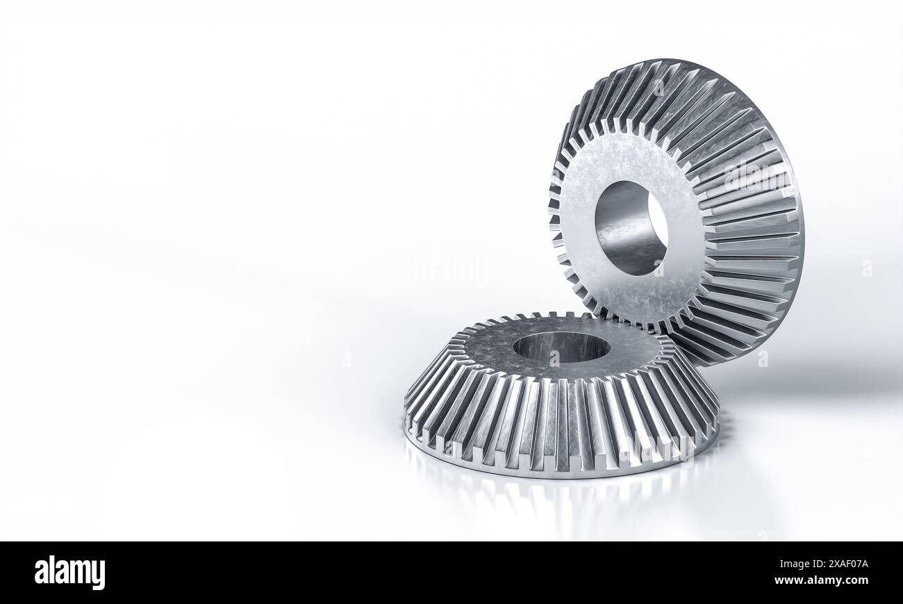 Zwei Metallzahnräder, die miteinander ineinandergreifen, weißer Hintergrund 3d Stockfoto