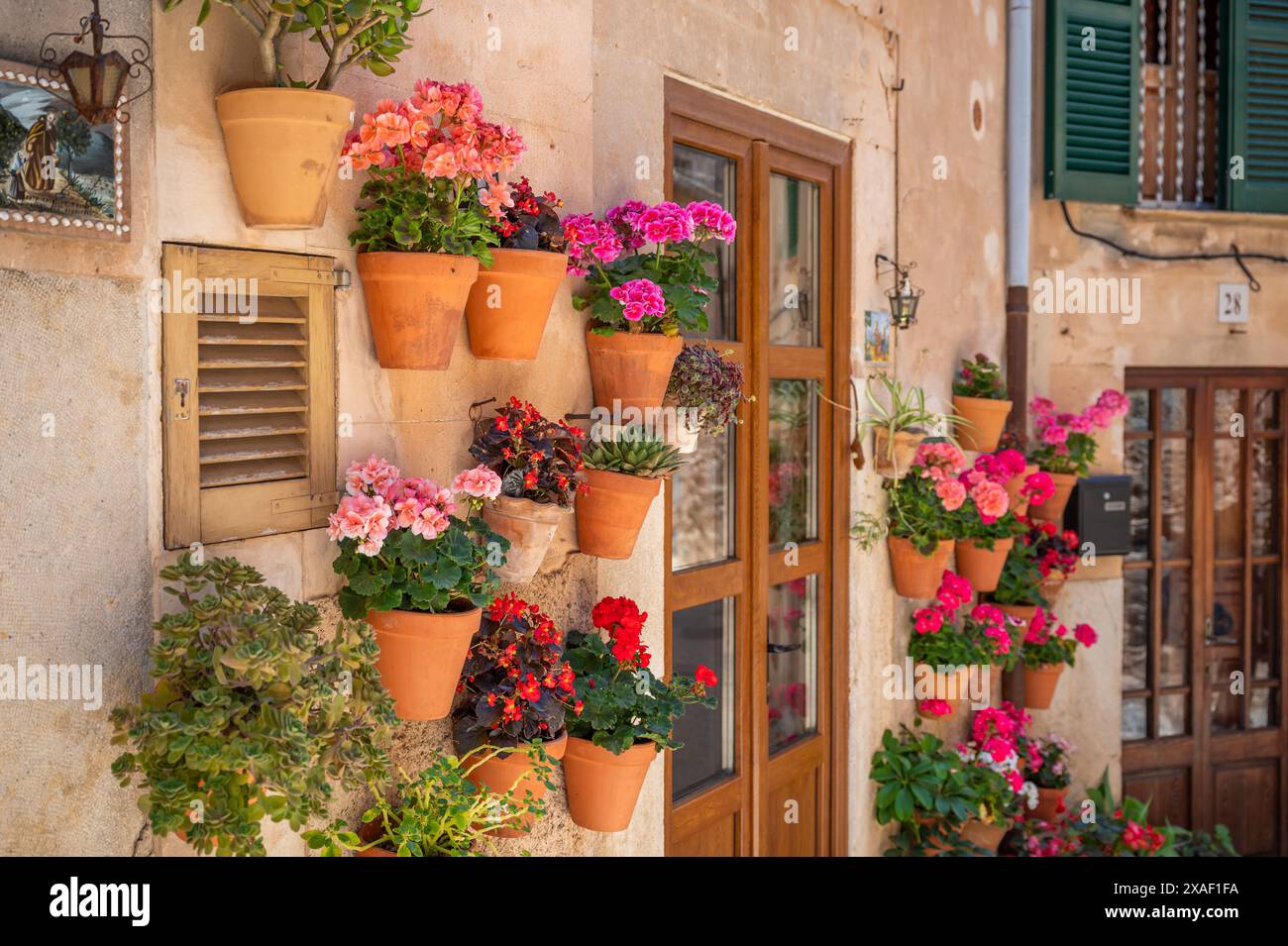 Wunderschön dekorierte Wand mit bunten Blumentöpfen an einer alten Mauer in Valldemossa, Mallorca, horizontale Aufnahme an sonnigem Tag, Mallorca Stockfoto