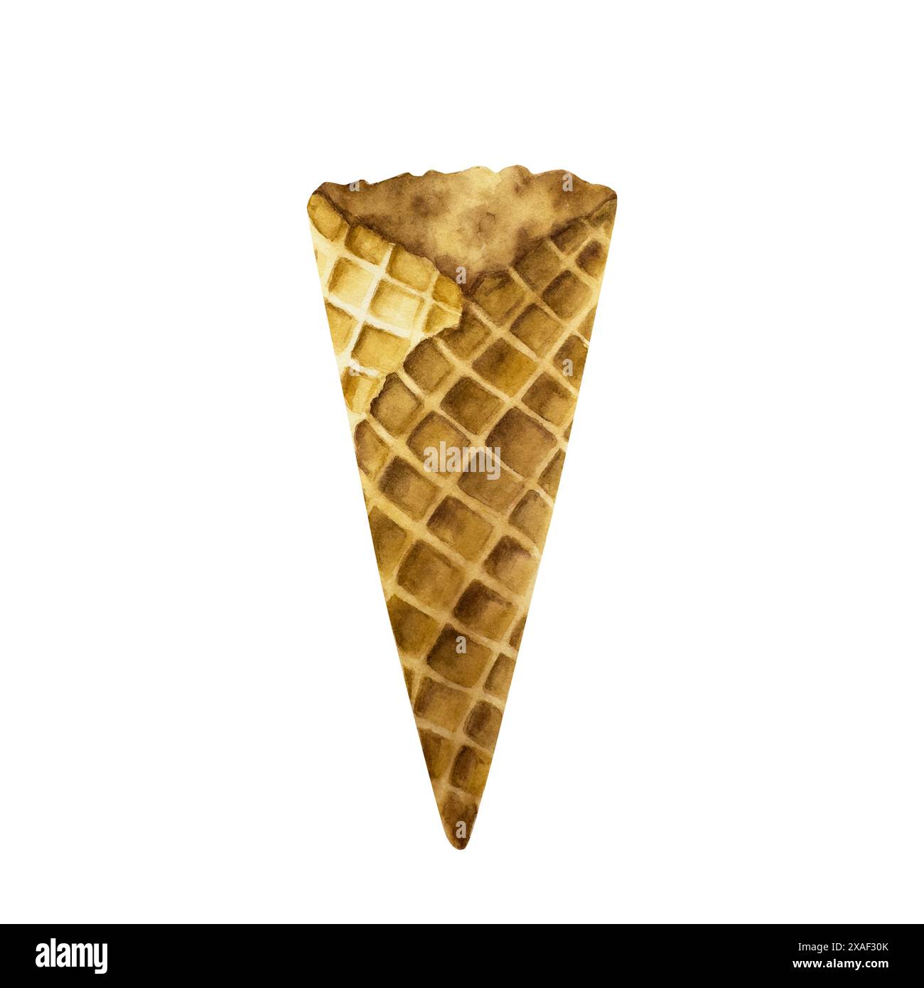 Leeren Sie den knusprigen Waffelkegel. Handmalerei süße Aquarellillustration isoliert auf Hintergrund. Für Designer, Menü, Shop, Dekoration, Restaurant, für p Stockfoto