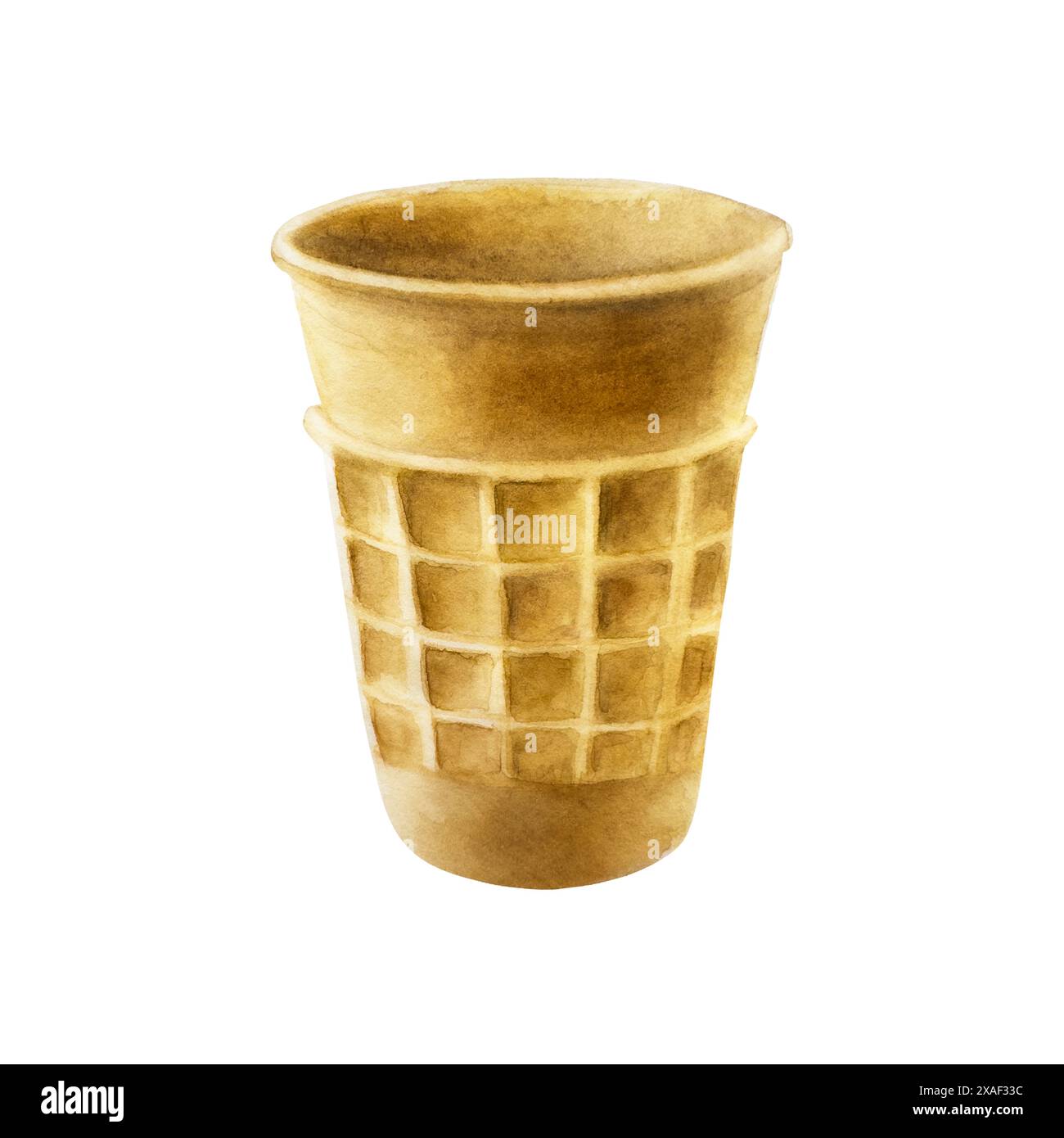 Leeren Sie den knusprigen Waffelkegel. Handmalerei süße Aquarellillustration isoliert auf Hintergrund. Für Designer, Menü, Shop, Dekoration, Restaurant, für p Stockfoto