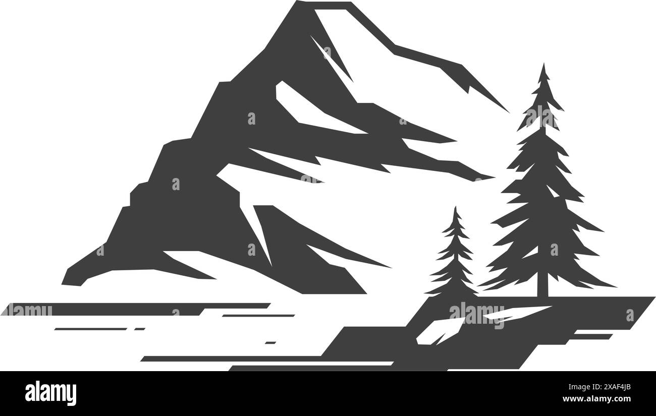 Berg Fichte Baum Landschaft Camping Sommer Natur monochrome Vintage Icon Design Vektor Illustration. Klippen, Felsenkiefer, Wälder, alpine Naturszene Stock Vektor