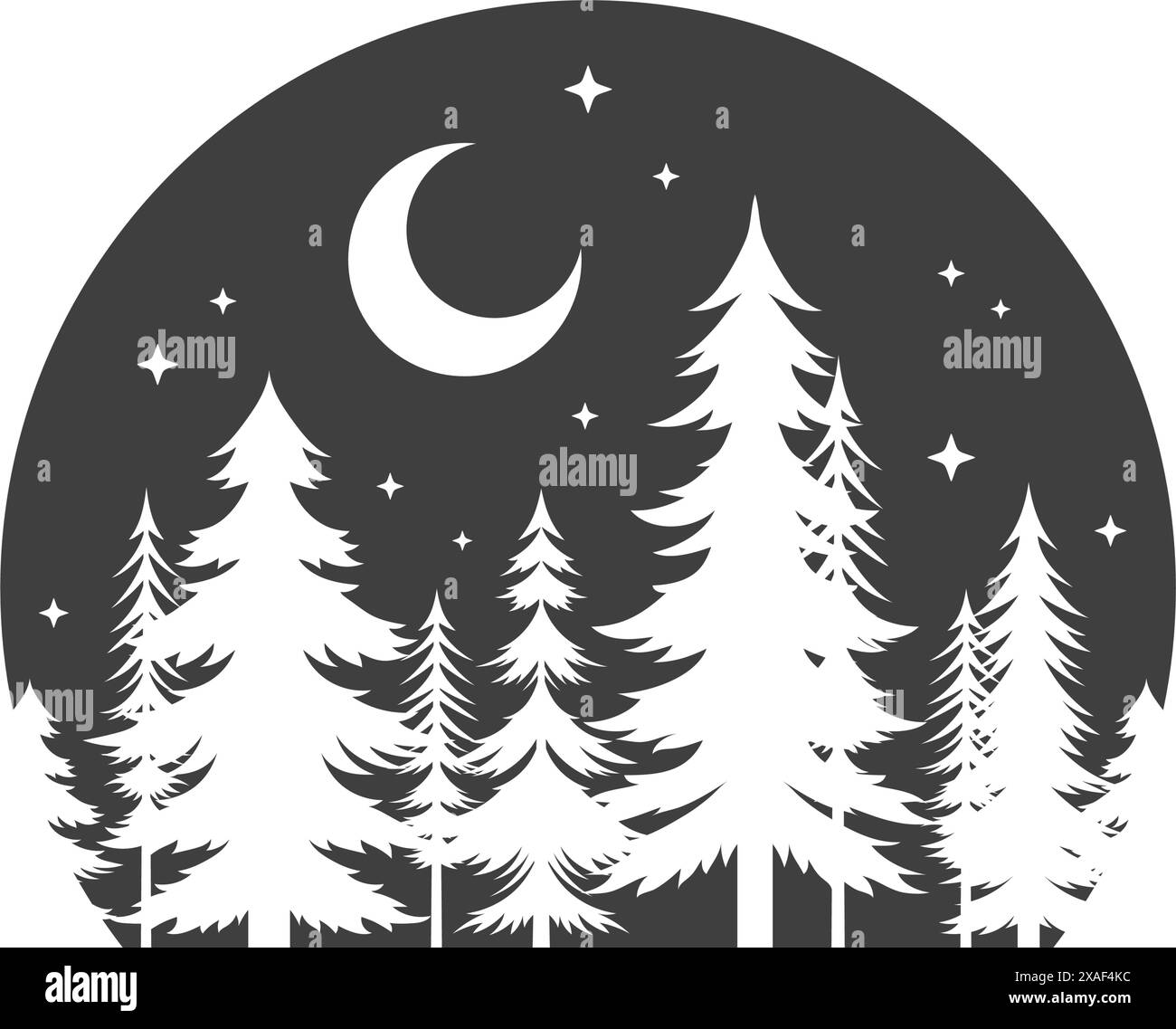 Fichtenwald Nacht Natur Landschaft mit Halbmond Camping Vintage Logo Design Vektor Illustration. Tannenwälder Sommerreise Wanderabenteuer Stock Vektor
