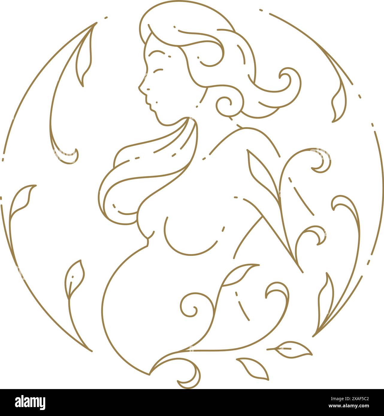 Schwangere Frau Linie Kunst botanische Blüte ästhetische Kreis Rahmen goldene Vintage Icon Vektor Illustration. Weibliches Baby erwartet Familienmutterschaft Pare Stock Vektor
