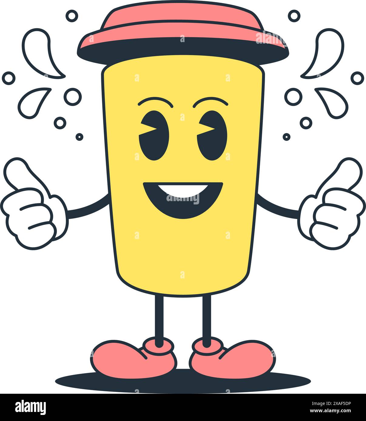 Lächeln Kaffee Papier Tasse nette Zeichentrickfigur Comic Maskottchen Retro 30s Animation Stil Icon Vektor flache Illustration. Fröhlich heiße Morgenkoffeinbeve Stock Vektor
