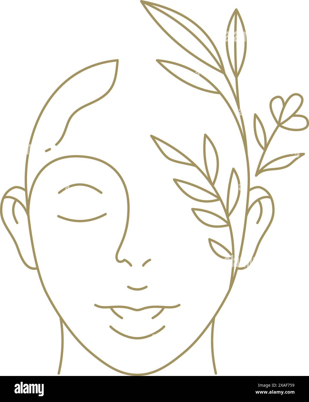 Schönheit Frau Porträt mit Blumenzweig hinterlässt minimales Linie Art Stil Logo für kosmetische Vektor-Illustration. Schönes weibliches Gesicht mit Blumenhaaren Stock Vektor