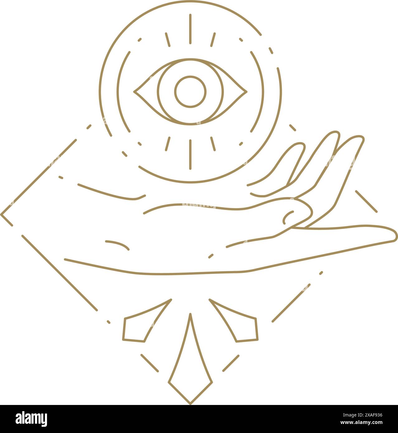 Minimalistische menschliche Hand hält Kreis alle sehenden Augen entspannen Meditation Harmonie Achtsamkeit Linie Symbol Vektor Illustration. Monochromer goldener Arm esoterisch Stock Vektor