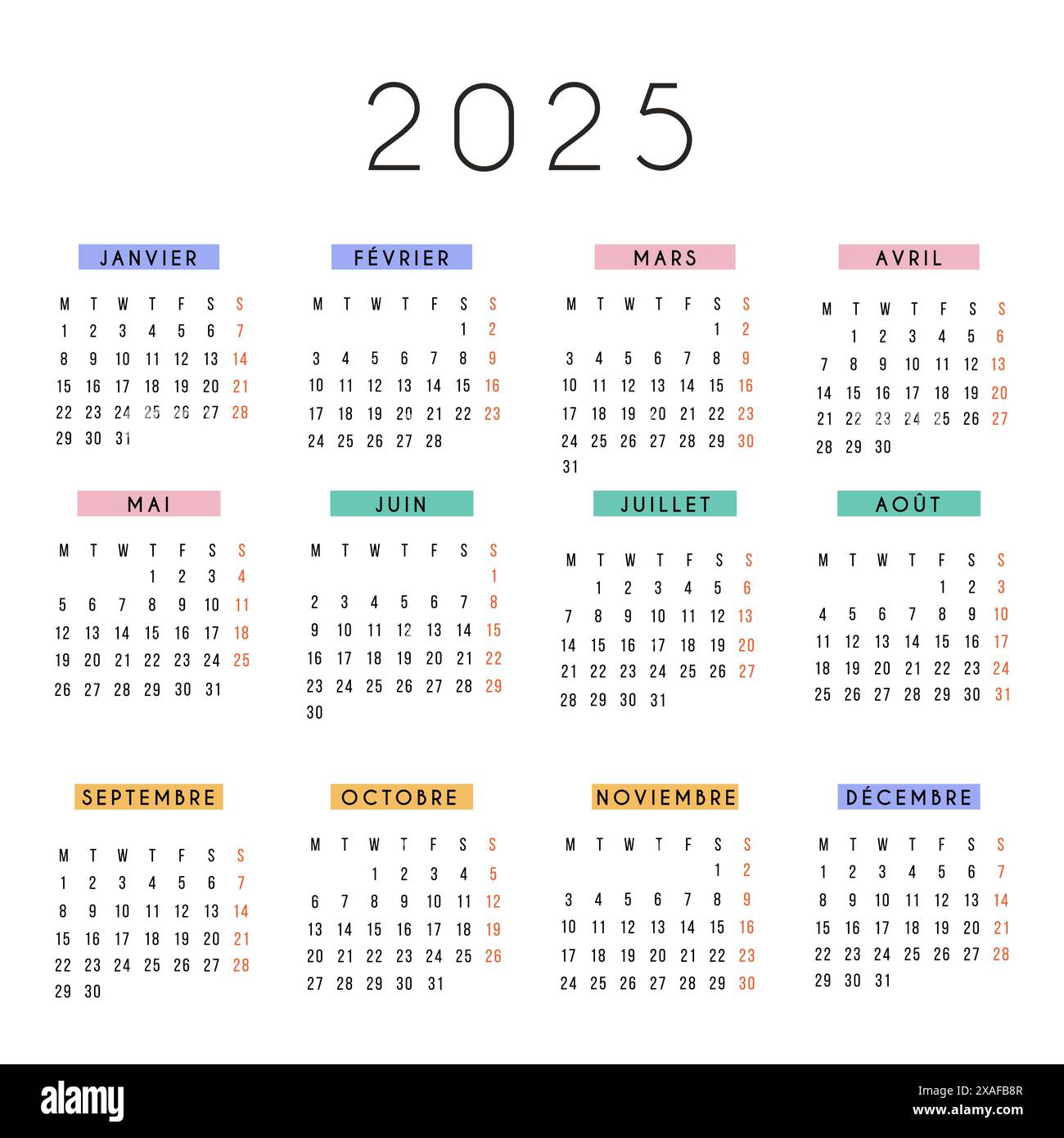 Französischer Kalender 2025 Jahr. Vektor Schreibwaren quadratische Kalenderwoche beginnt Montag. Jährlicher Organisator. Einfache Kalendervorlage in minimalem Design Stock Vektor